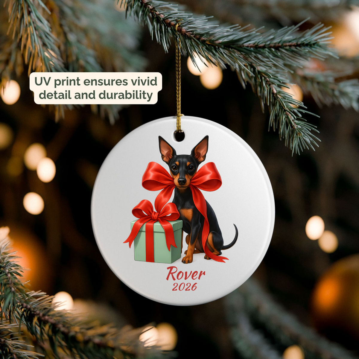 Manchester Terrier personalized ornament packed in a gift mailer box