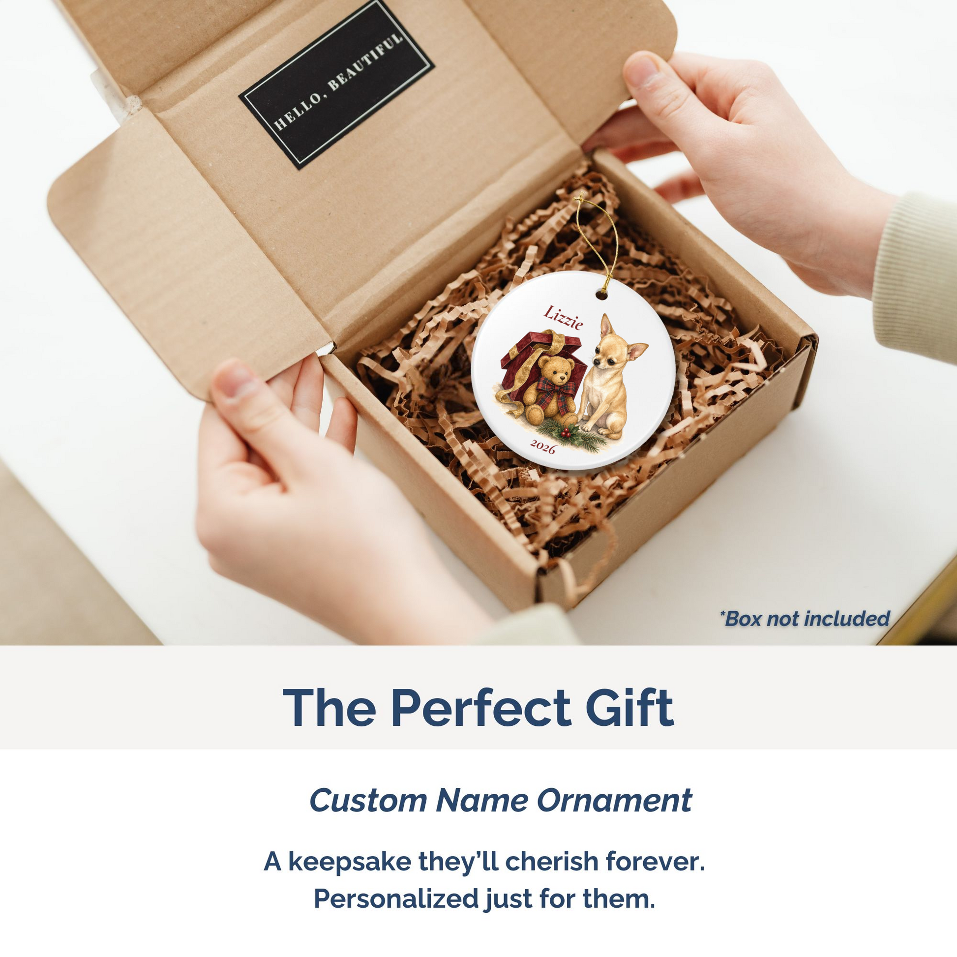 Chihuahua (Fawn) personalized ornament packed in a gift mailer box
