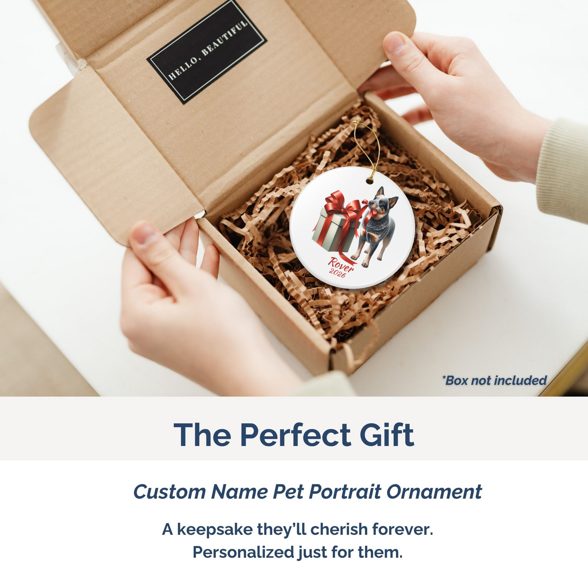 Australian Cattle Dog personalized ornament packed in a gift mailer box