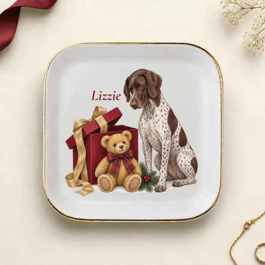 Personalized German Shorthaired Pointer (Liver & White) Bear Necessities Christmas jewelry dish with gold rim