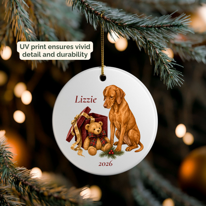 Personalized Vizsla ornament hanging on a lit Christmas tree