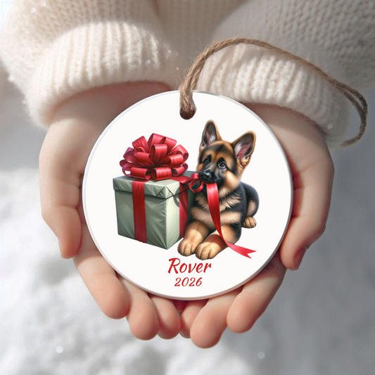 Personalized German Shepherd Christmas ornament held in cupped hands