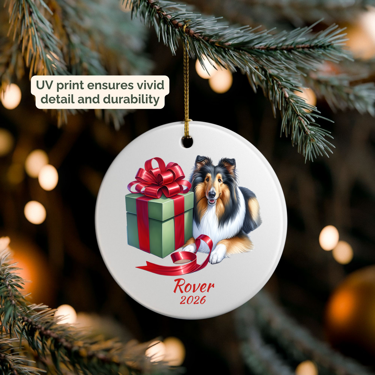 Personalized Rough Collie ornament hanging on a lit Christmas tree