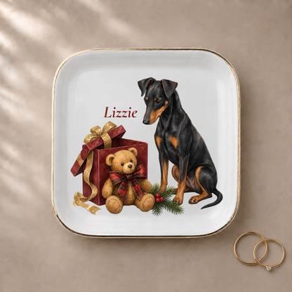 Manchester Terrier jewelry dish styled with gold rings and a personalized name