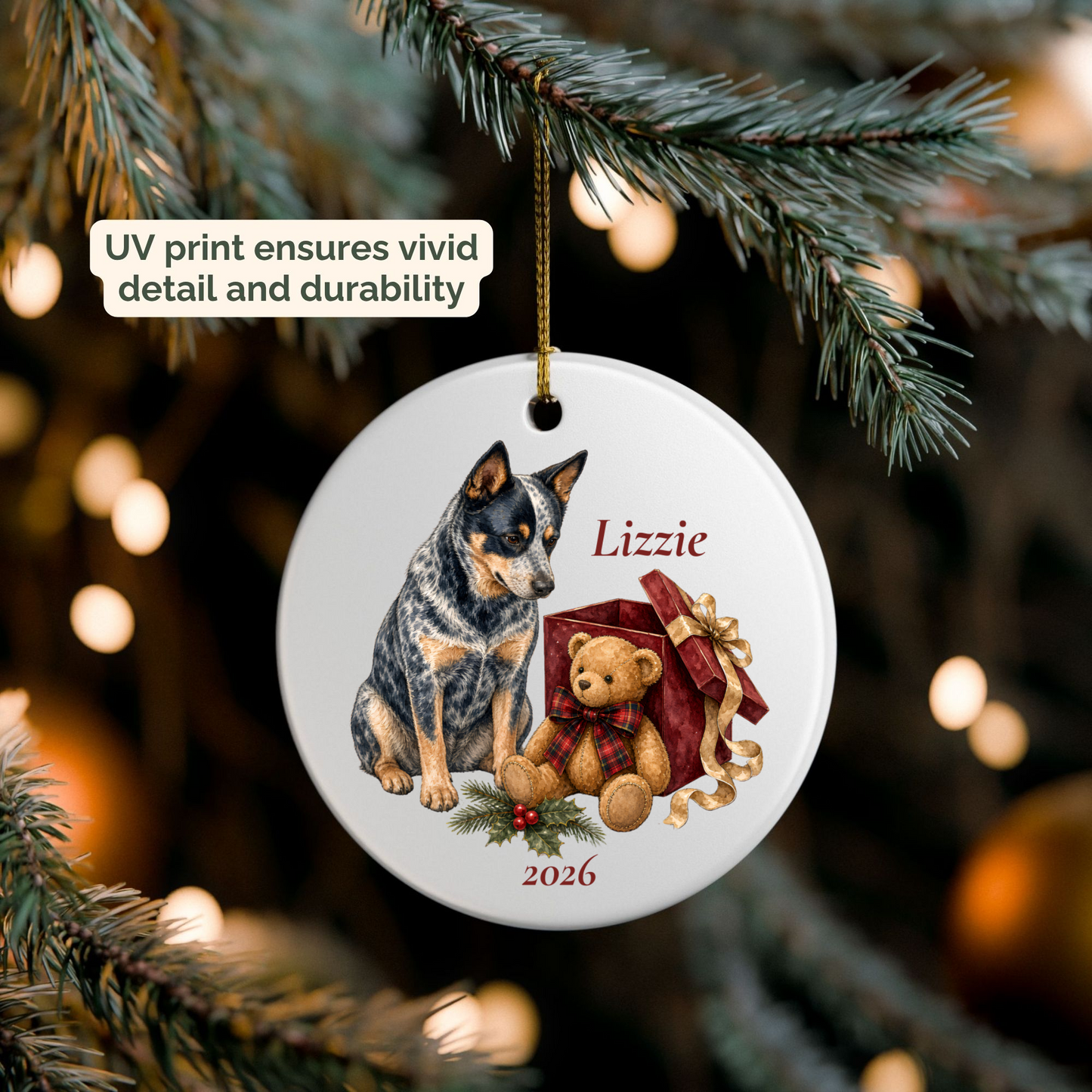 Personalized Australian Cattle Dog ornament hanging on a lit Christmas tree