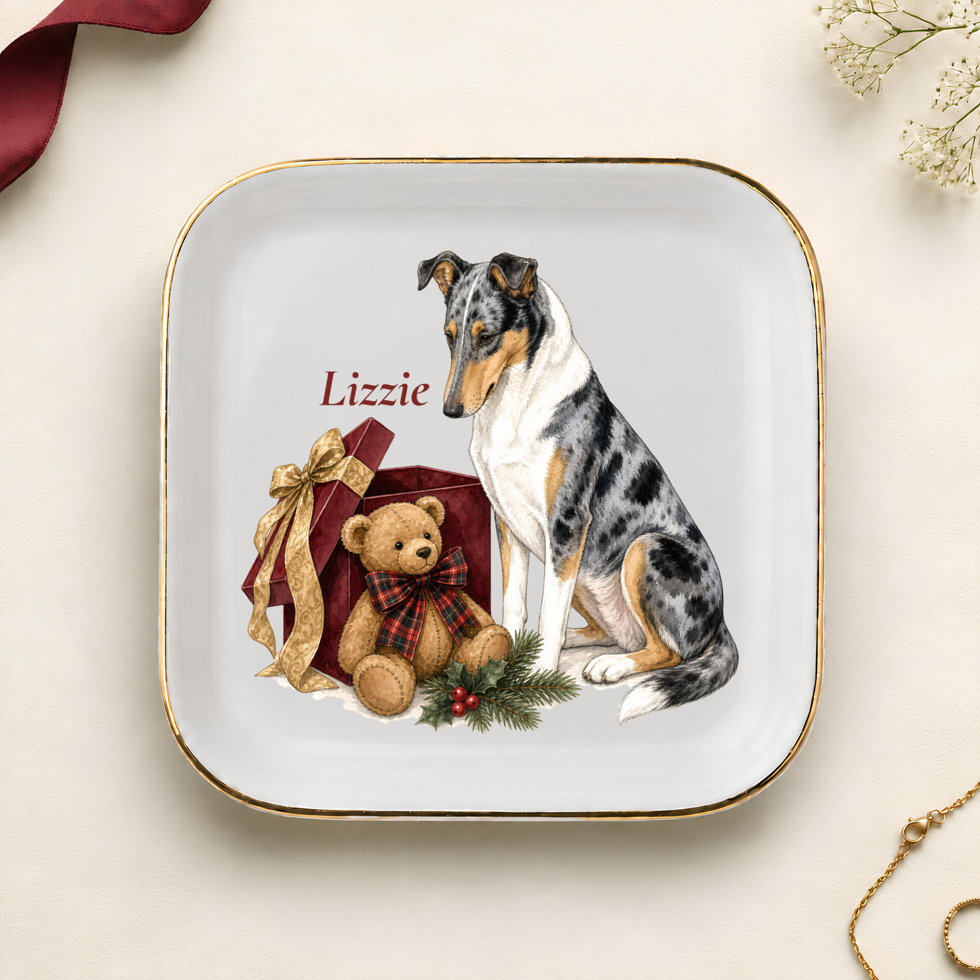 Personalized Smooth Collie Christmas jewelry dish with gold rim