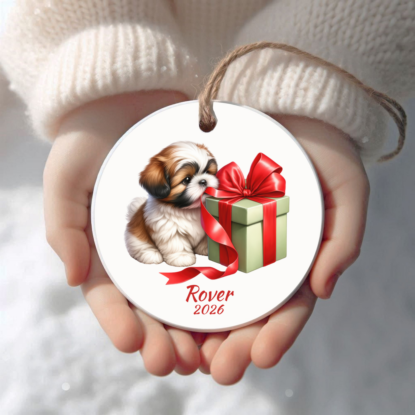 Personalized Shih Tzu Christmas ornament held in cupped hands