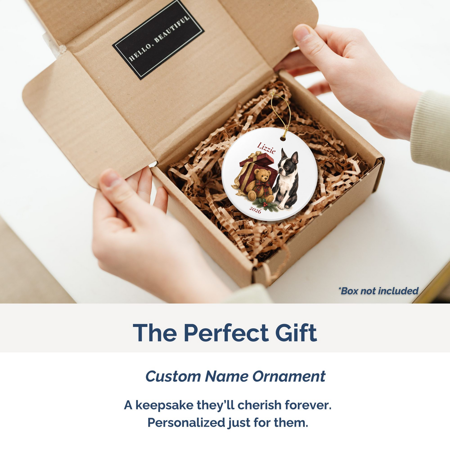 Boston Terrier (Black) personalized ornament packed in a gift mailer box