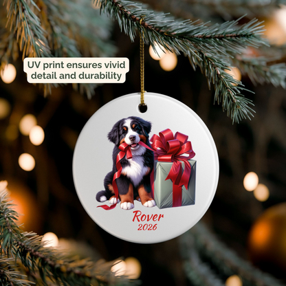 Personalized Bernese Mountain Dog ornament hanging on a lit Christmas tree