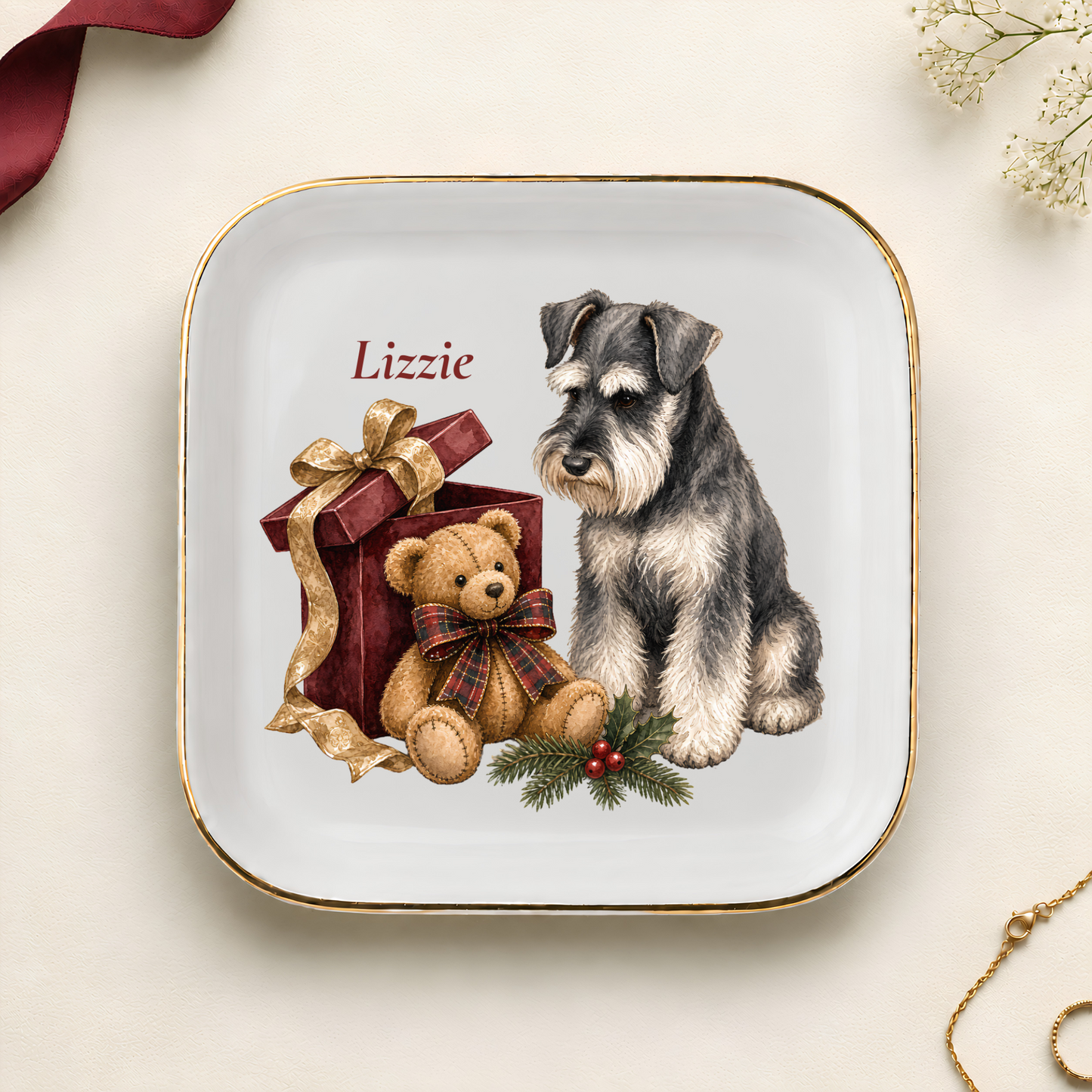 Personalized Miniature Schnauzer Christmas jewelry dish with gold rim