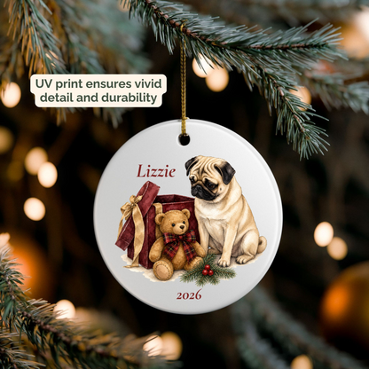 Personalized Pug (Fawn) ornament hanging on a lit Christmas tree