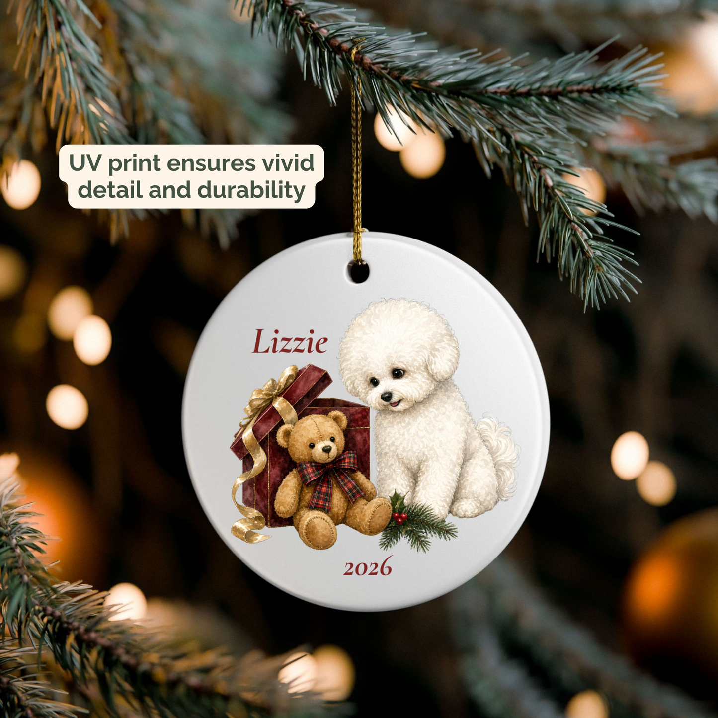 Personalized Bichon Frise ornament hanging on a lit Christmas tree