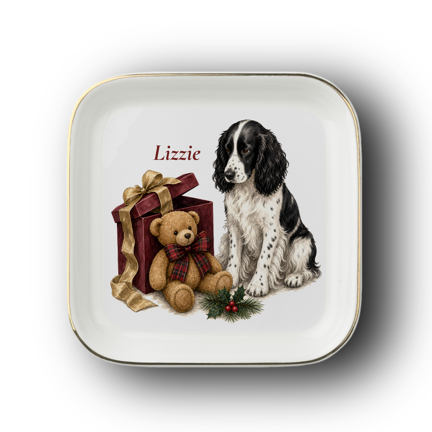 English Springer Spaniel jewelry dish on a white background