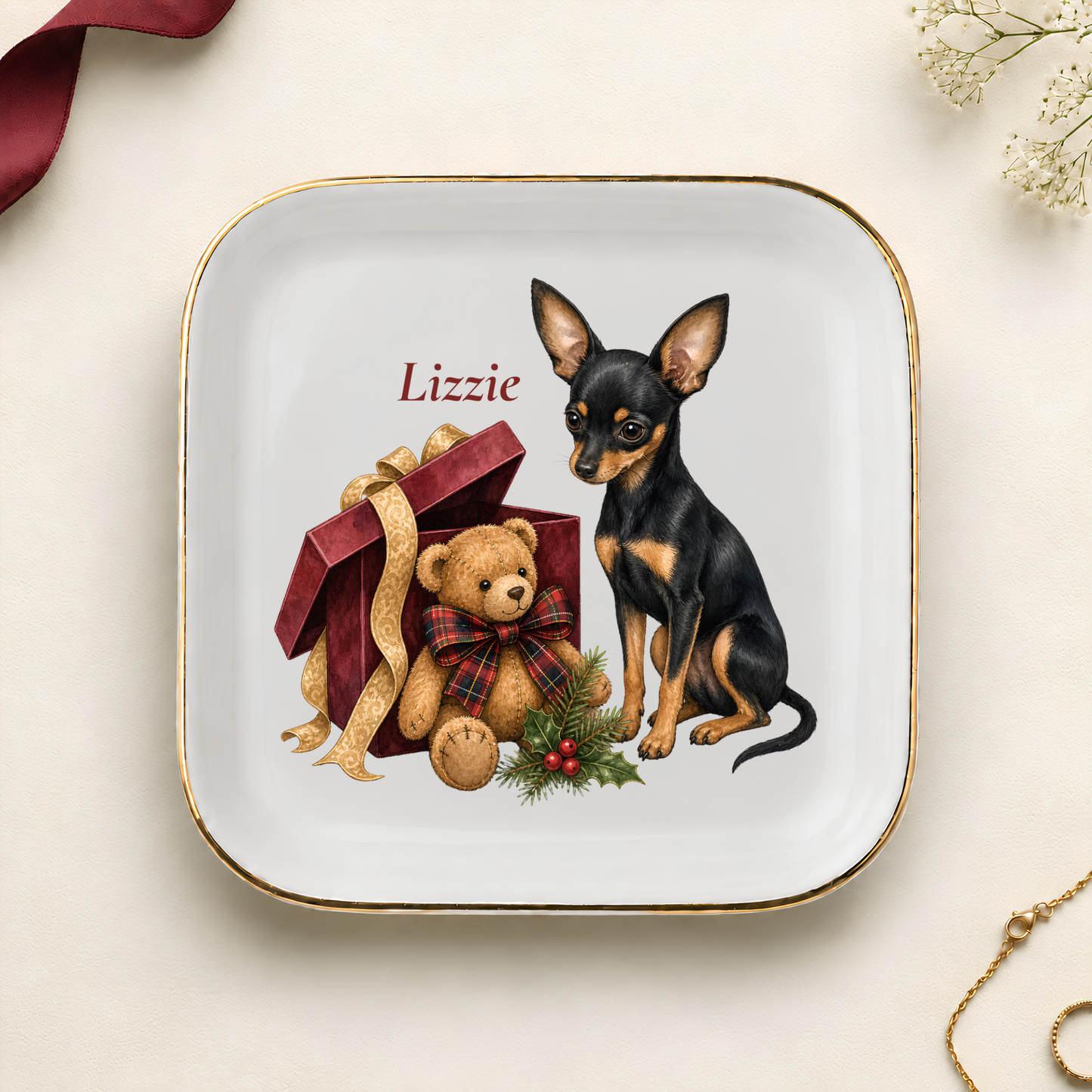 Personalized Russian Toy Christmas jewelry dish with gold rim