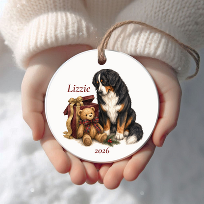 Personalized Bernese Mountain Dog Christmas ornament held in cupped hands