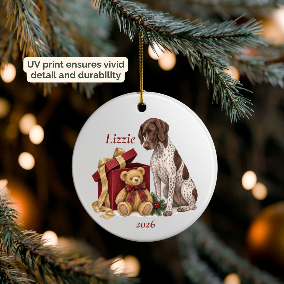 German Shorthaired Pointer (Liver & White) personalized Bear Necessities ornament packed in a gift mailer box