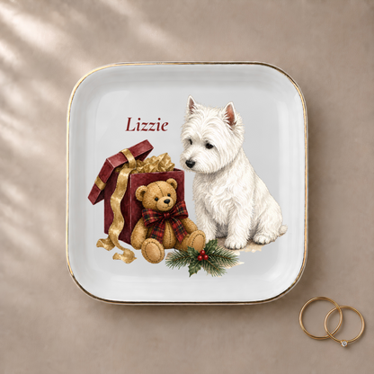 West Highland Terrier jewelry dish styled with gold rings and a personalized name
