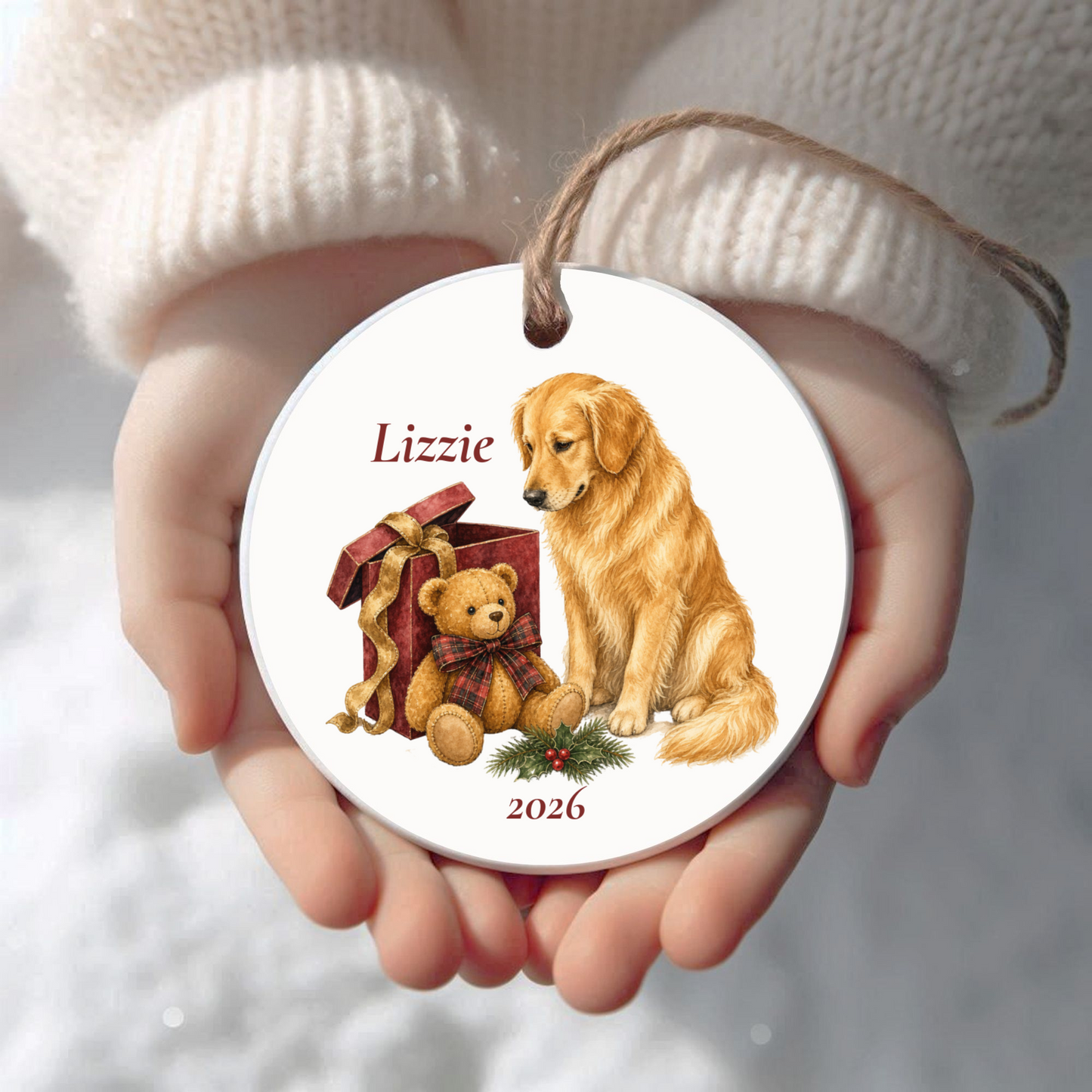 Personalized Golden Retriever Christmas ornament held in cupped hands