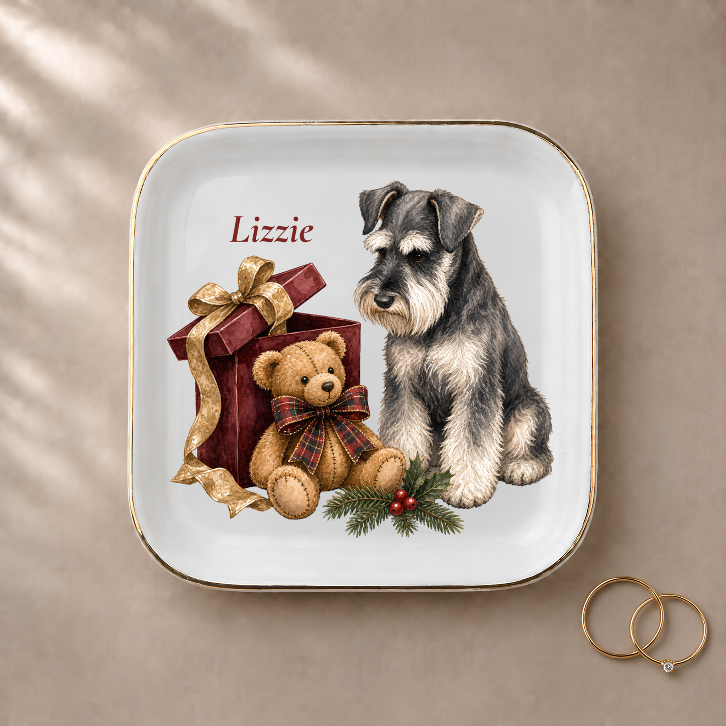 Miniature Schnauzer jewelry dish styled with gold rings and a personalized name