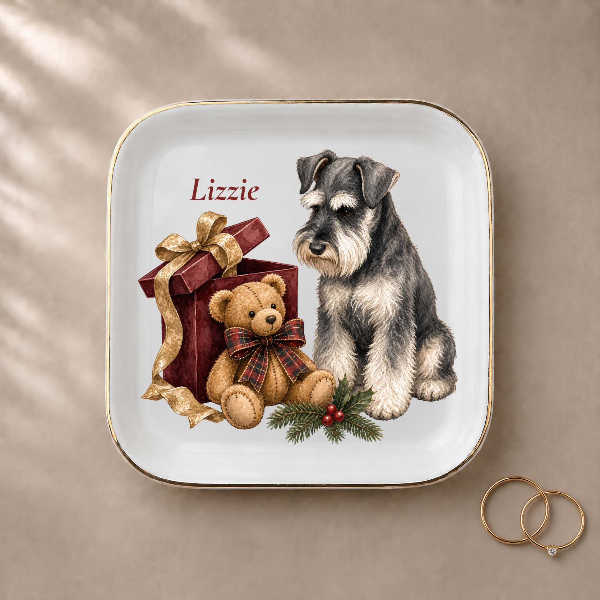 Miniature Schnauzer jewelry dish styled with gold rings and a personalized name
