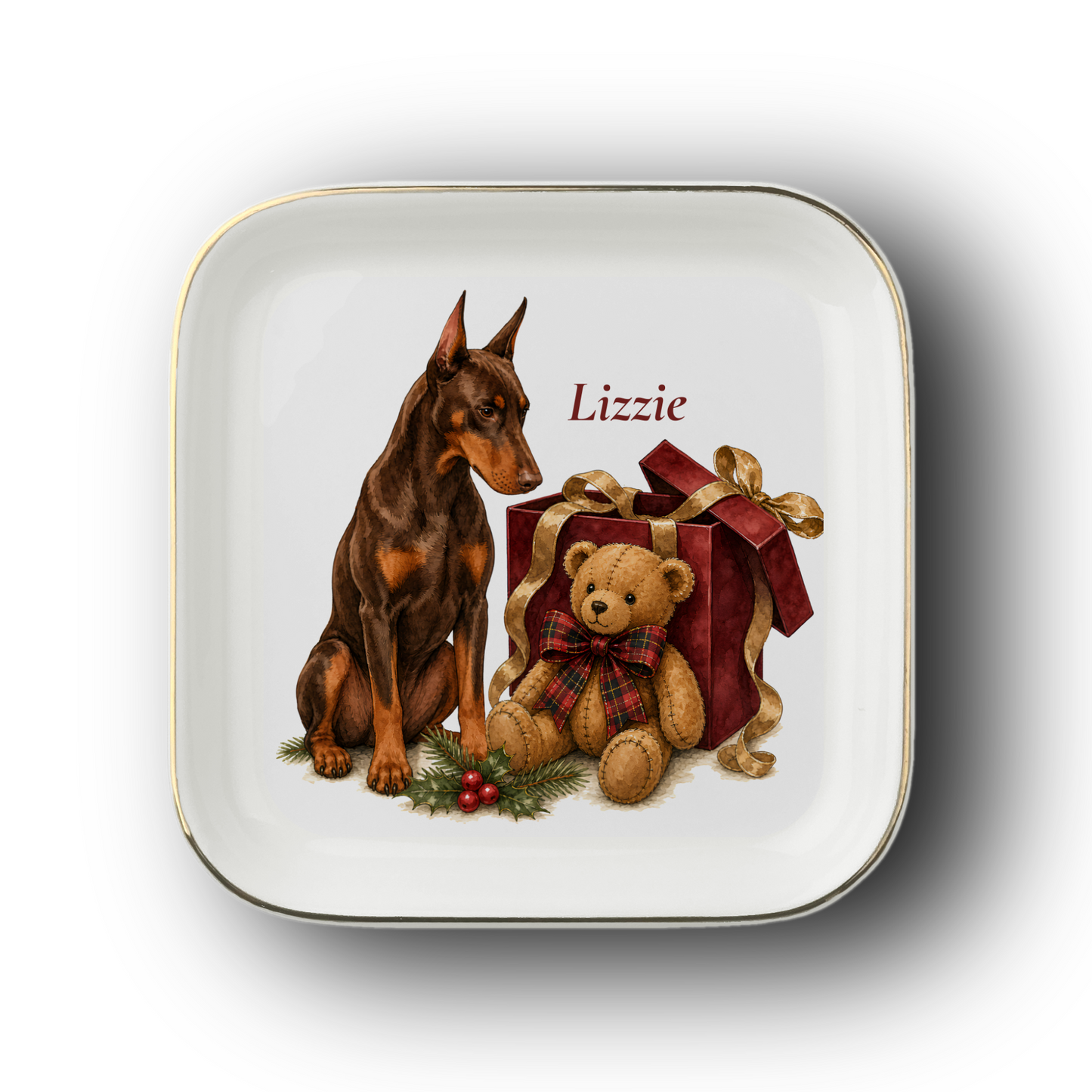 Doberman jewelry dish on a white background