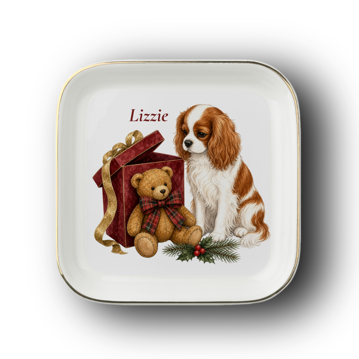 Cavalier King Charles Spaniel jewelry dish on a white background