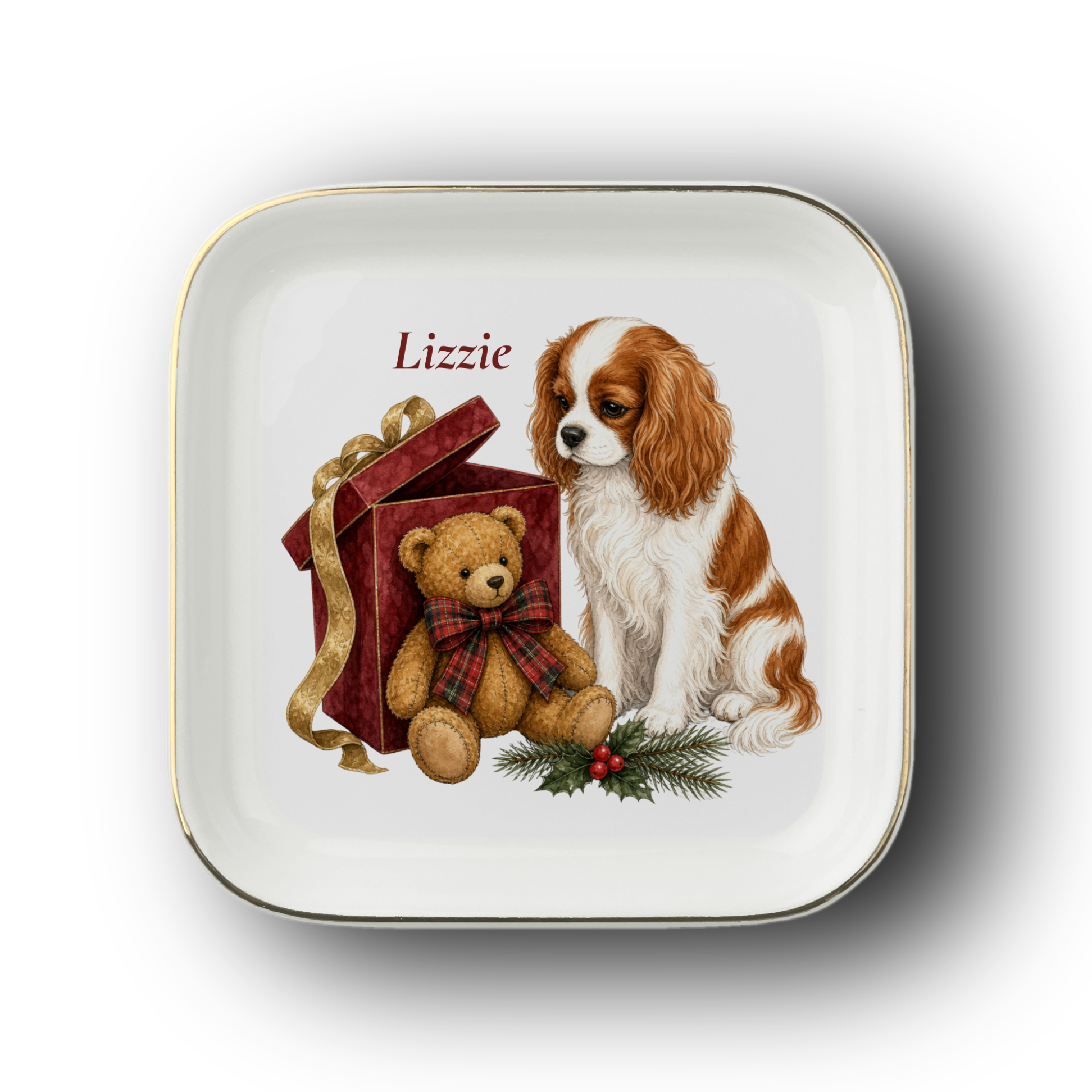 Cavalier King Charles Spaniel jewelry dish on a white background