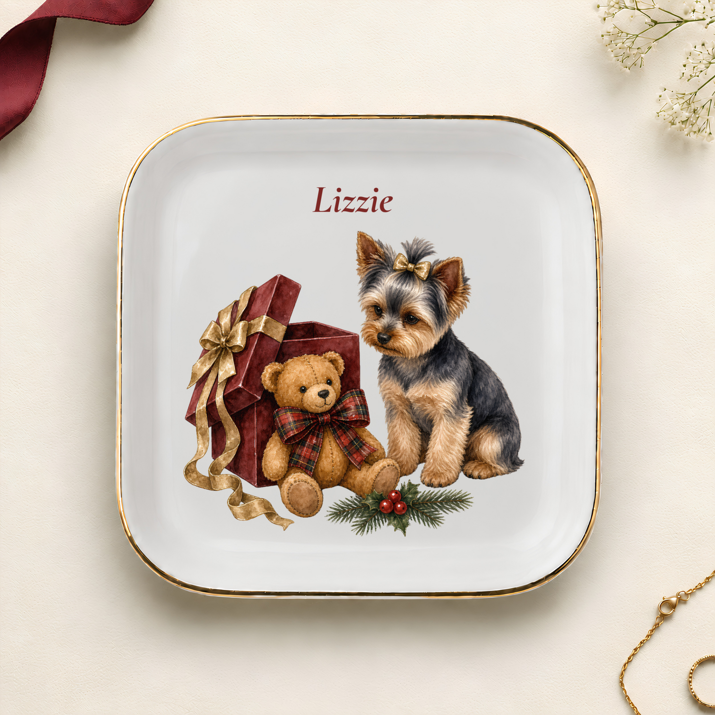 Personalized Yorkshire Terrier Christmas jewelry dish with gold rim