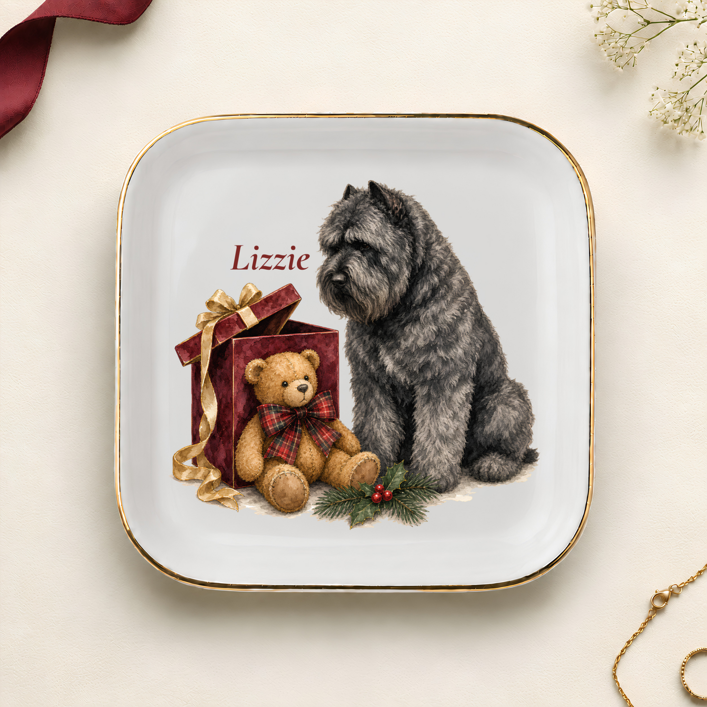 Personalized Bouvier des Flandres Christmas jewelry dish with gold rim
