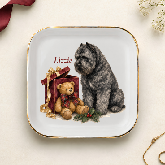 Personalized Bouvier des Flandres Christmas jewelry dish with gold rim