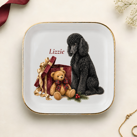 Personalized Standard Poodle Christmas jewelry dish with gold rim