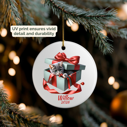 Personalized Grey Tabby Cat ornament hanging on a lit Christmas tree