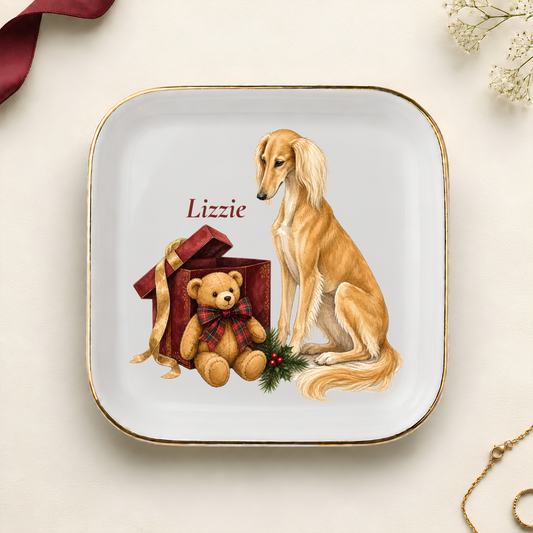 Personalized Saluki Christmas jewelry dish with gold rim