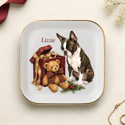 Personalized Boston Terrier Christmas jewelry dish with gold rim