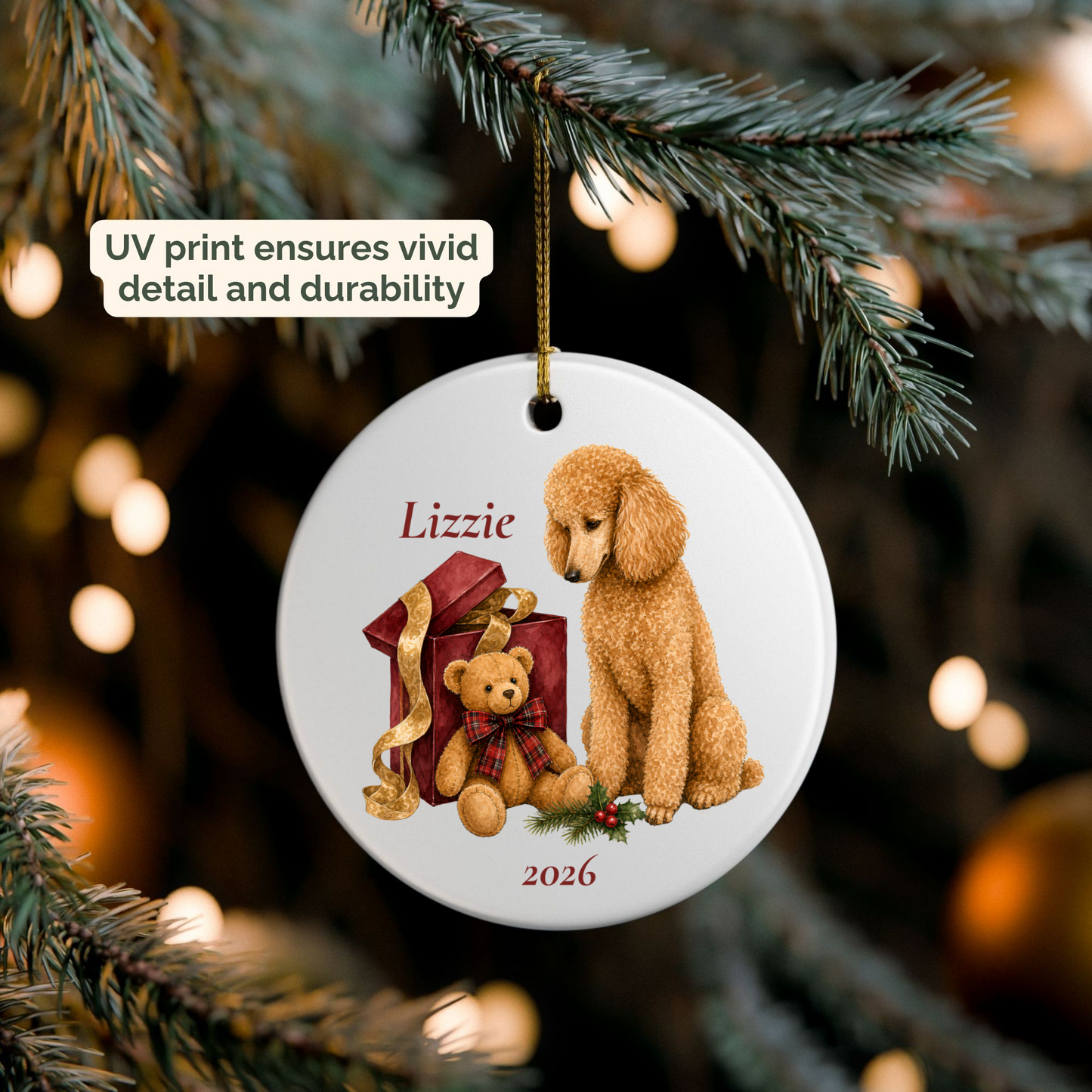 Personalized Standard Poodle (Apricot) ornament hanging on a lit Christmas tree