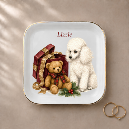 Miniature Poodle jewelry dish styled with gold rings and a personalized name