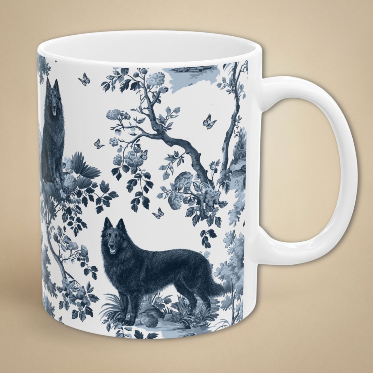 Belgian Sheepdog (Groenendael) Mug - Blue Toile Pattern