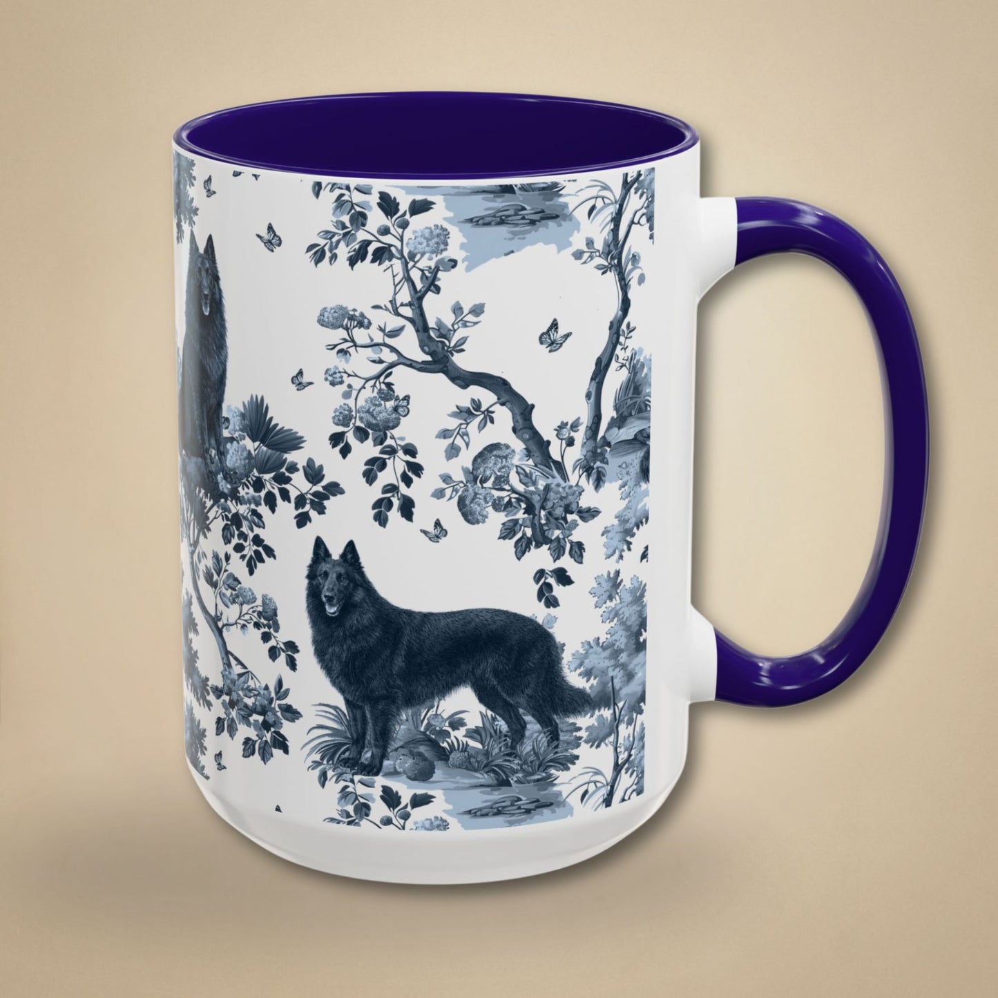 Belgian Sheepdog (Groenendael) Mug - Blue Toile Pattern