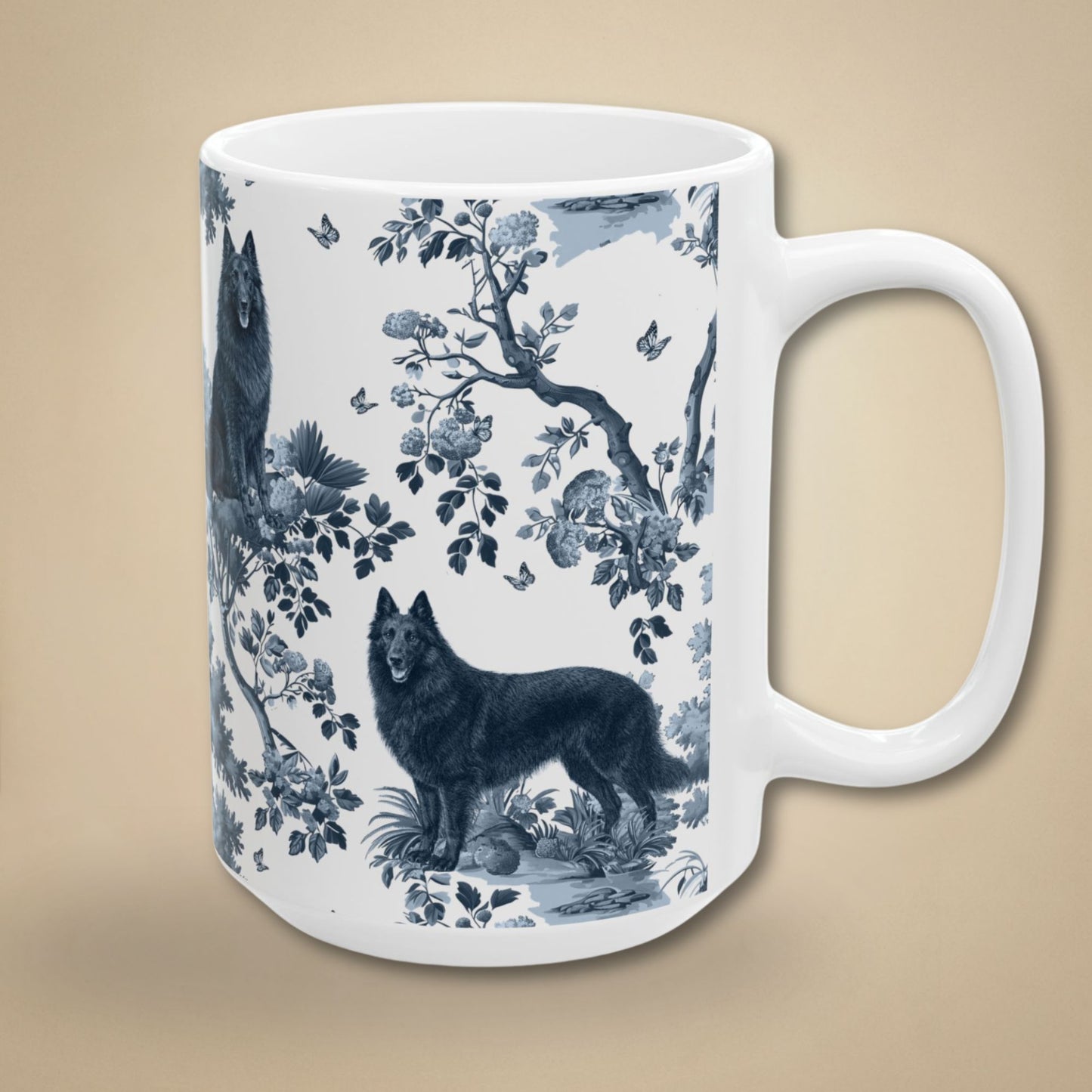 Belgian Sheepdog (Groenendael) Mug - Blue Toile Pattern