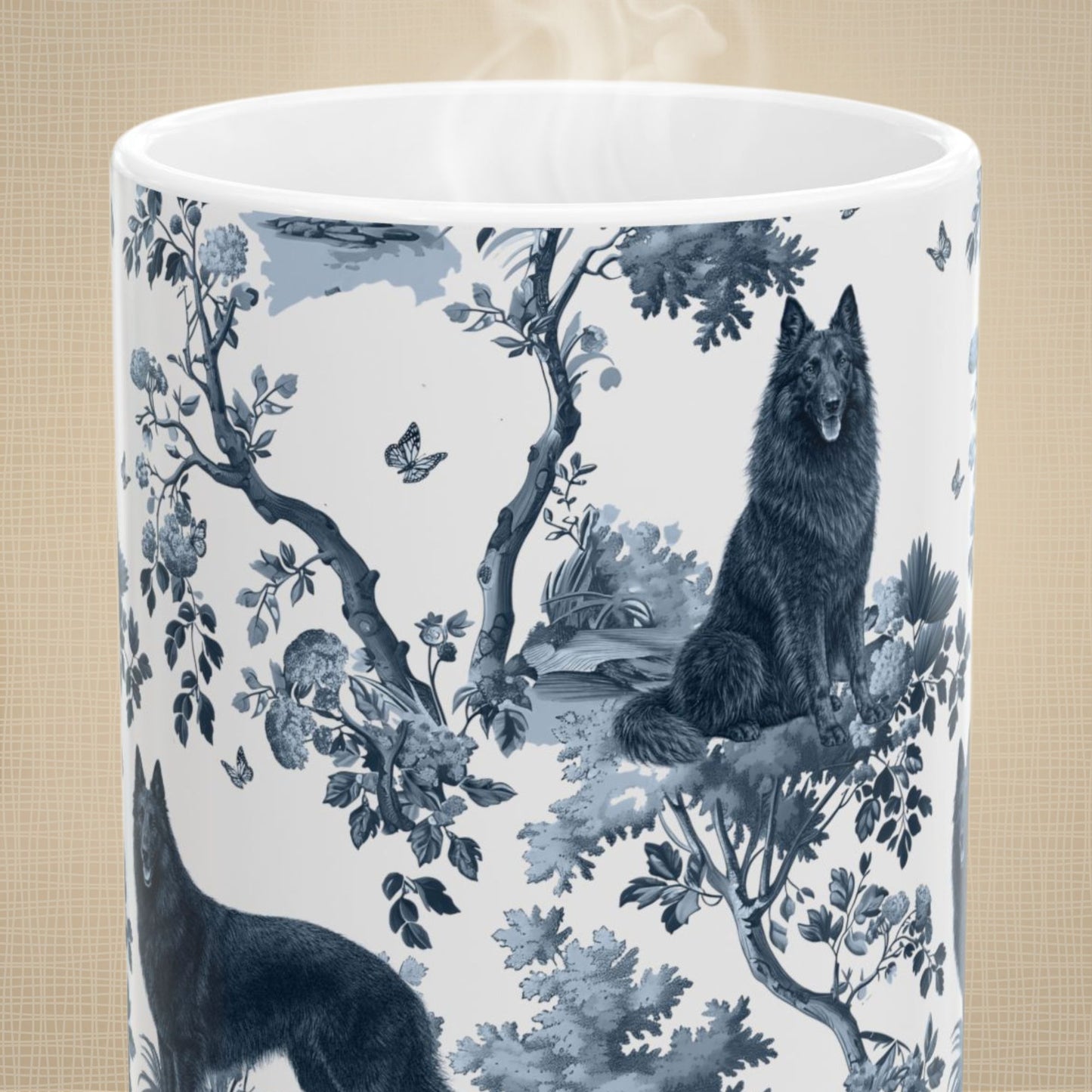 Belgian Sheepdog (Groenendael) Mug - Blue Toile Pattern