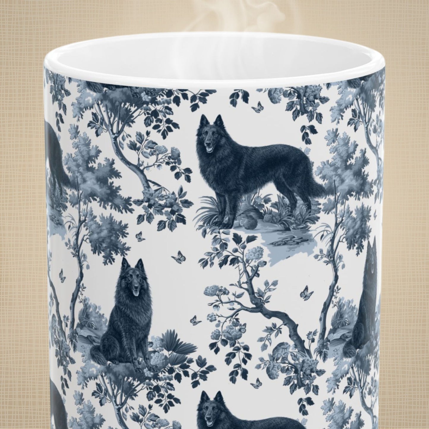 Belgian Sheepdog (Groenendael) Mug - Blue Toile Pattern