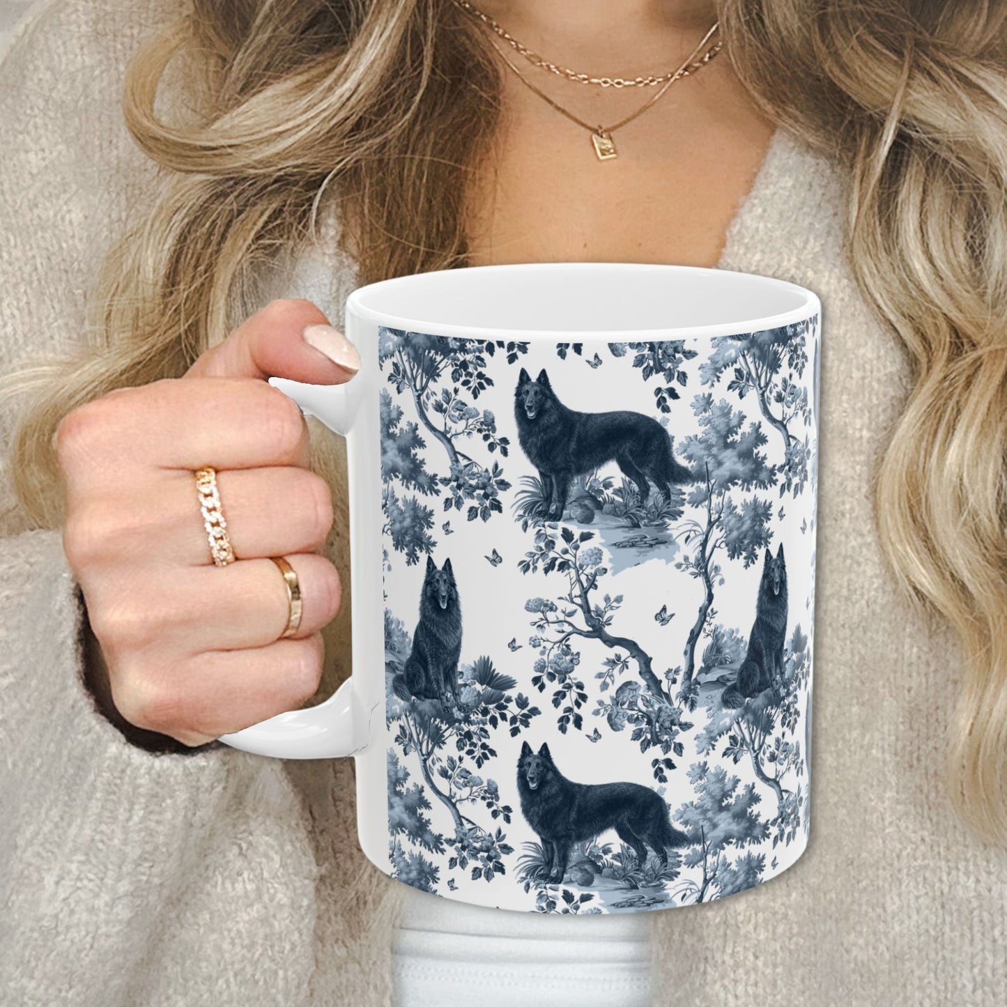 Belgian Sheepdog (Groenendael) Mug - Blue Toile Pattern