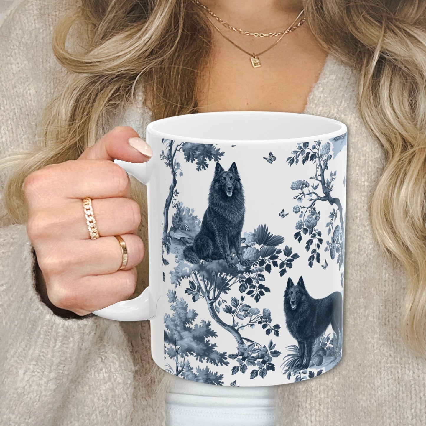 Belgian Sheepdog (Groenendael) Mug - Blue Toile Pattern