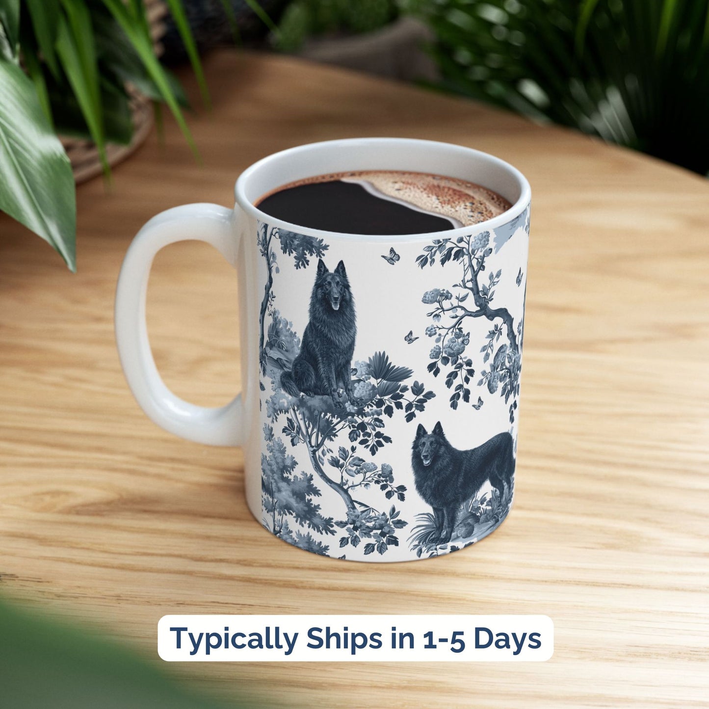 Belgian Sheepdog (Groenendael) Mug - Blue Toile Pattern