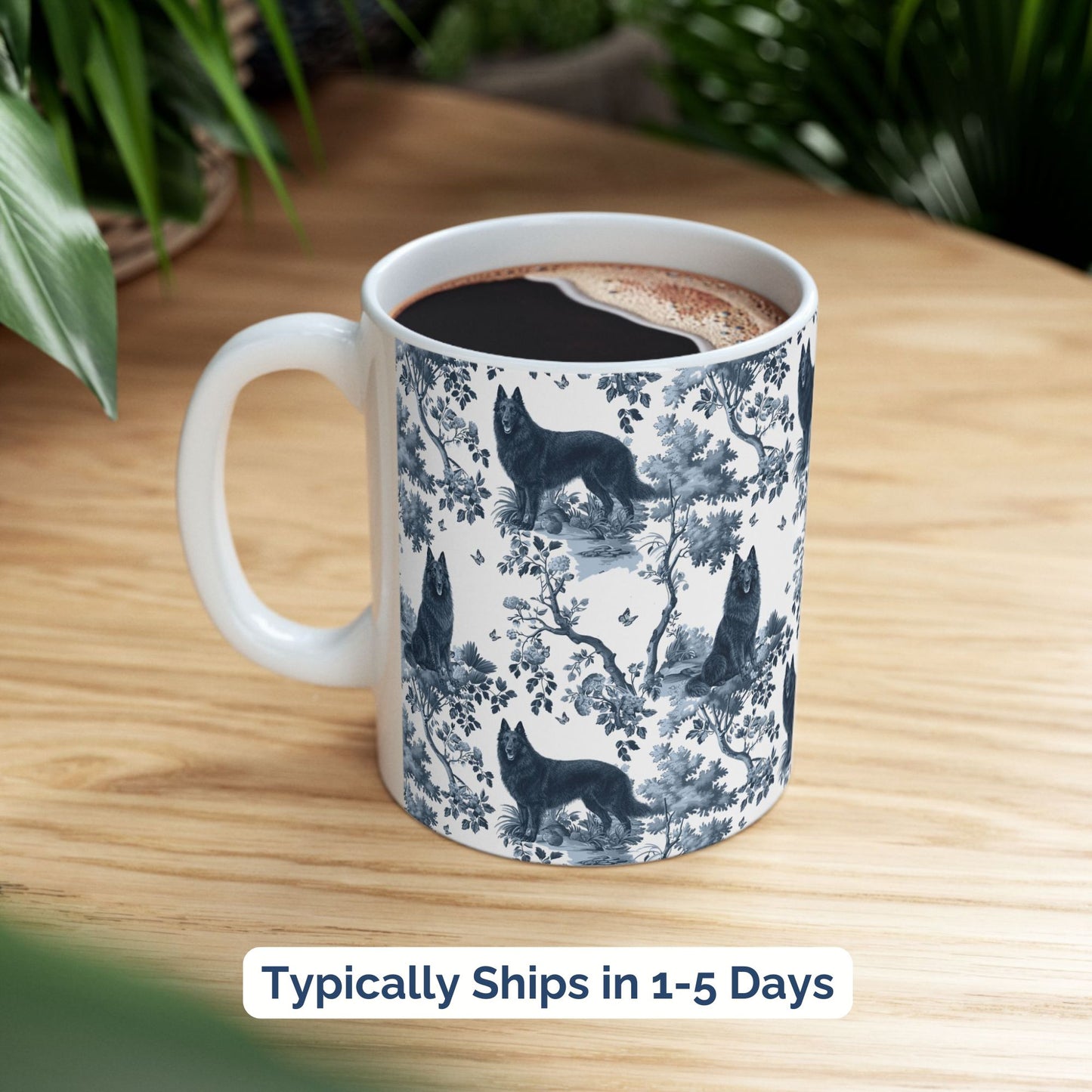 Belgian Sheepdog (Groenendael) Mug - Blue Toile Pattern