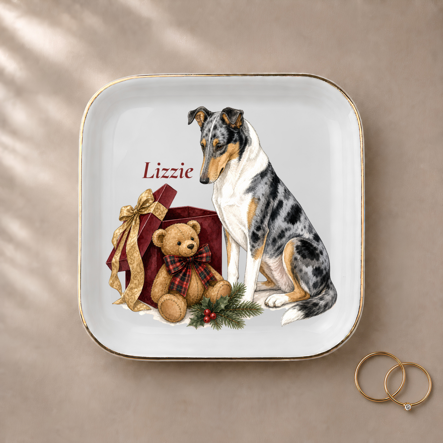 Smooth Collie jewelry dish styled with gold rings and a personalized name