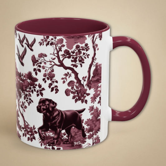 Black Labrador Duck cranberry toile 11 oz ceramic mug, right view