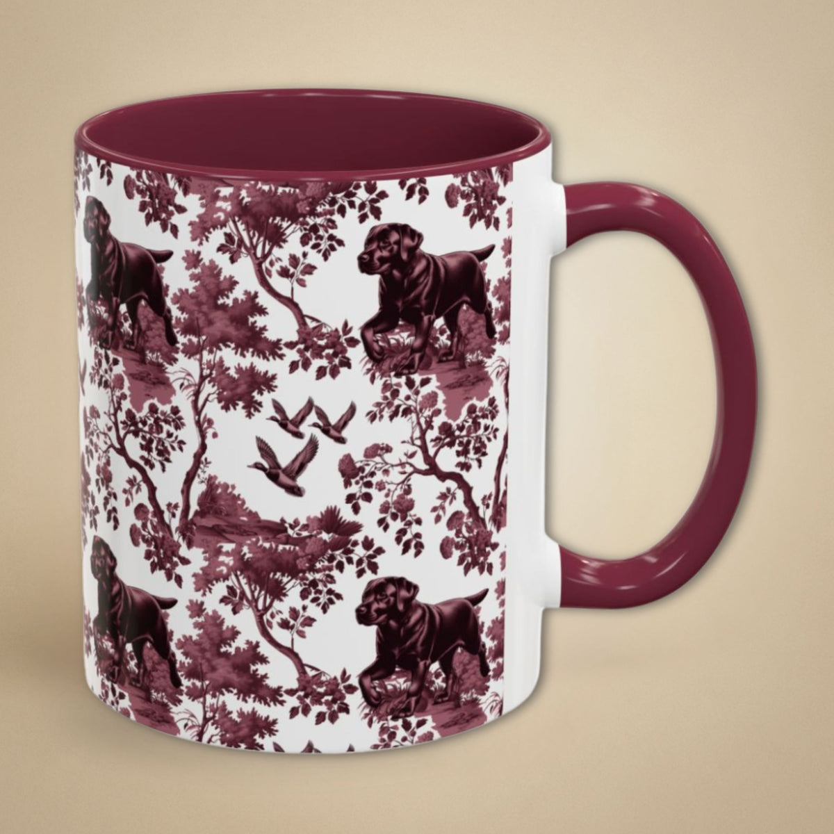 Black Labrador Duck petite cranberry toile 11 oz ceramic mug, right view