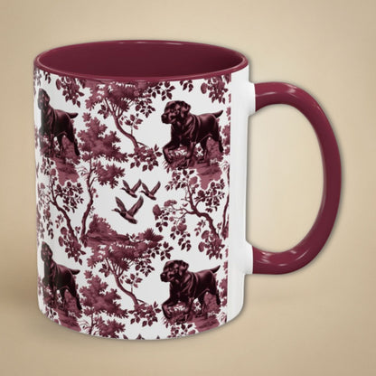 Black Labrador Duck petite cranberry toile 11 oz ceramic mug, right view