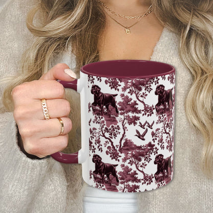 Black Labrador Duck petite cranberry toile 11 oz ceramic mug, left view